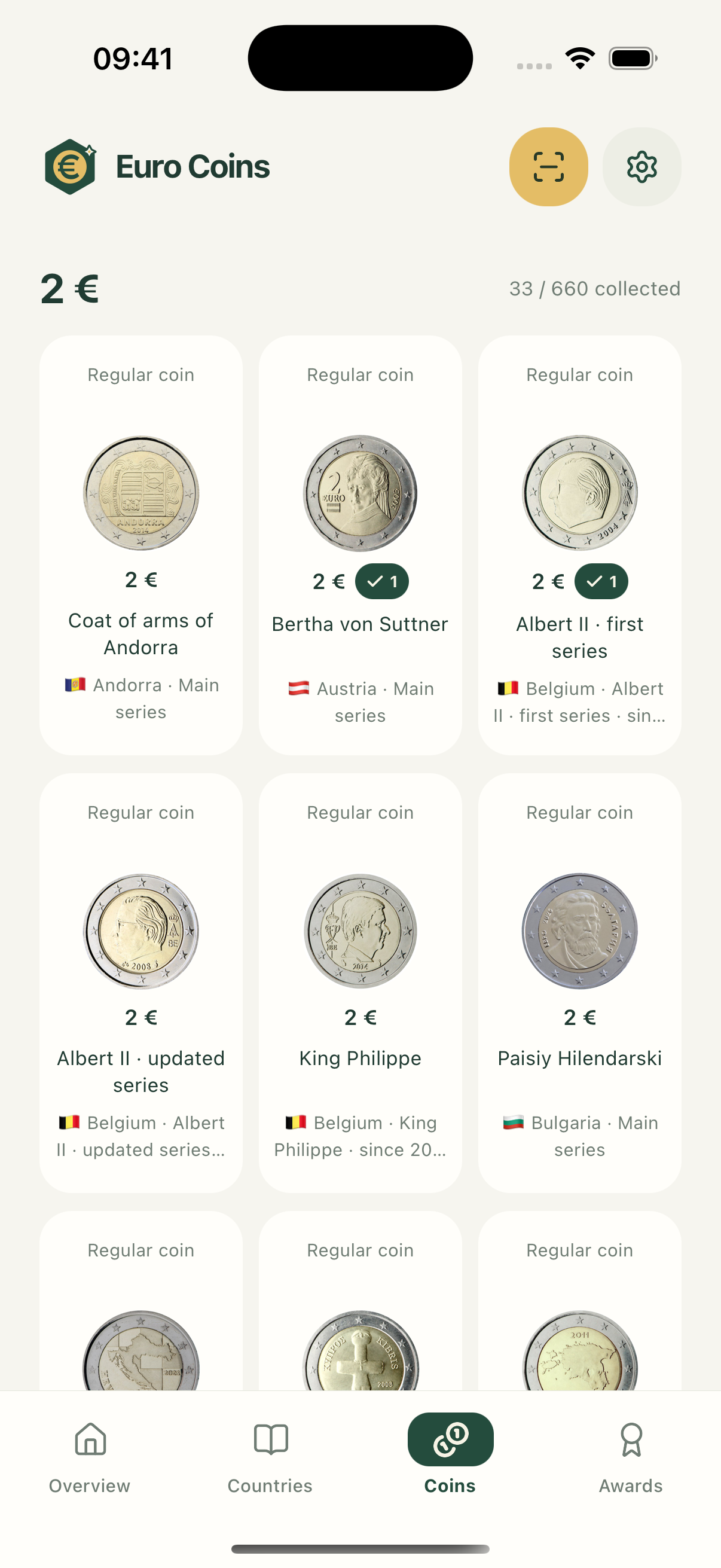 Euro Coins catalog with coin photos and collected quantities